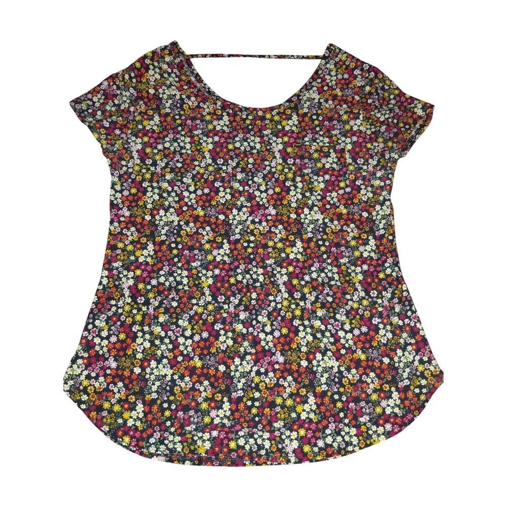 No Boundaries Womens XL Floral Print T-Shirt Strappy Open Back Pocket Top Multi